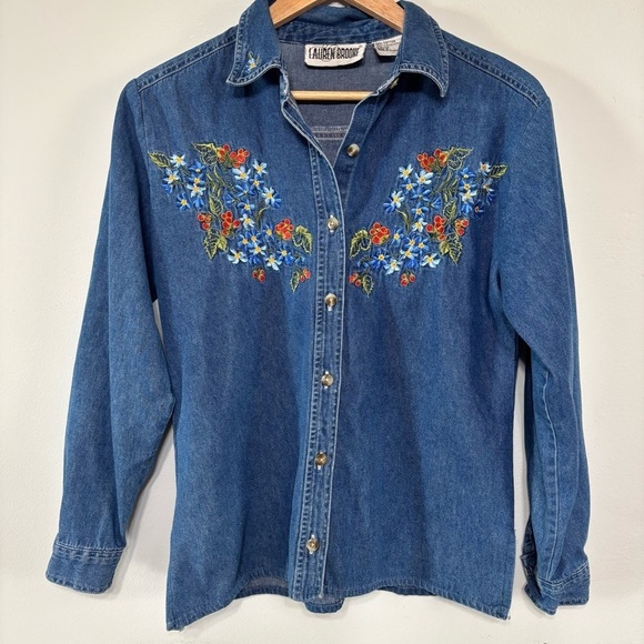 Vintage Lauren Brooks Boho Floral Embroidered Denim Button Down Top Size S - Picture 2 of 6